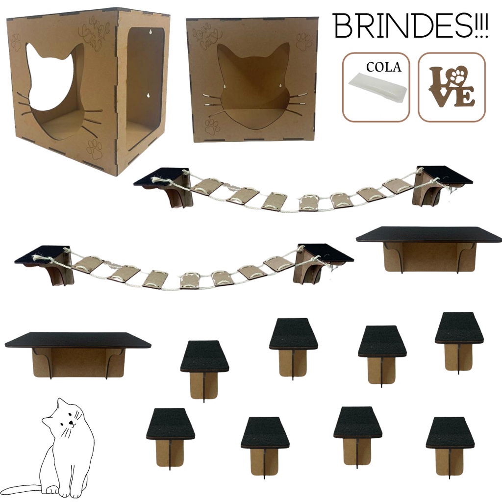 Kit 2 Playground Gatos parede 14 peças completo brinquedo casa nicho prateleira degraus ponte
