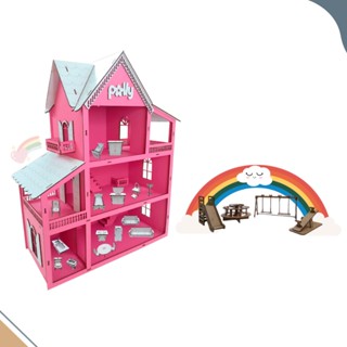 Casa Casinha de Boneca + Kit 19 Moveis acompanha Parquinhos Brinquedos Infantil em Mdf