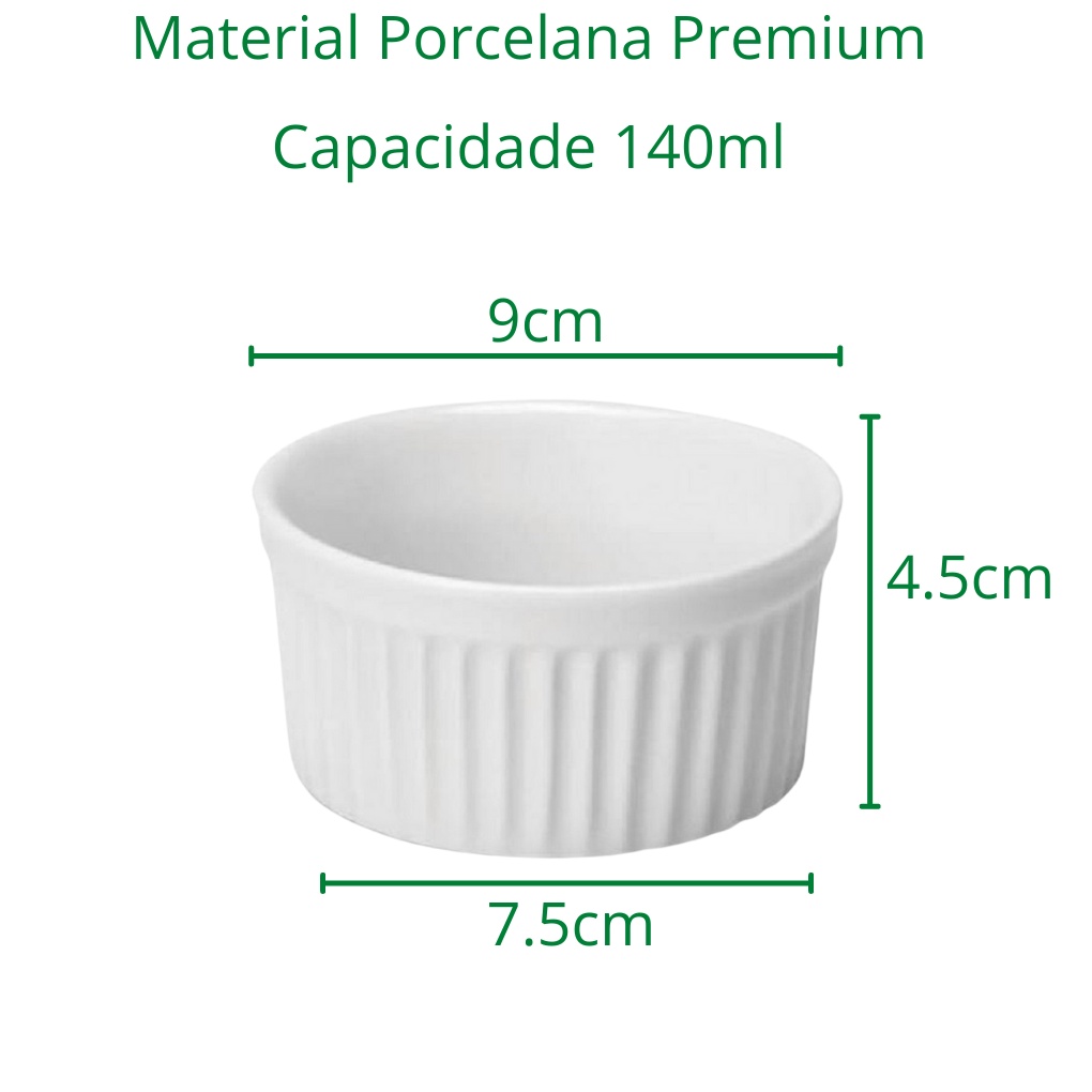 Kit 6 Ramequins Porcelana Premium 200ml Branco para Souflé Creme Brûlée Molhos Forno e Mesa Posta