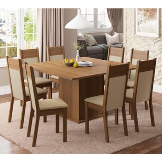 Conjunto Sala de Jantar Madesa Panamá Mesa Tampo de Madeira com 8 Cadeiras - Rustic/Crema/...
