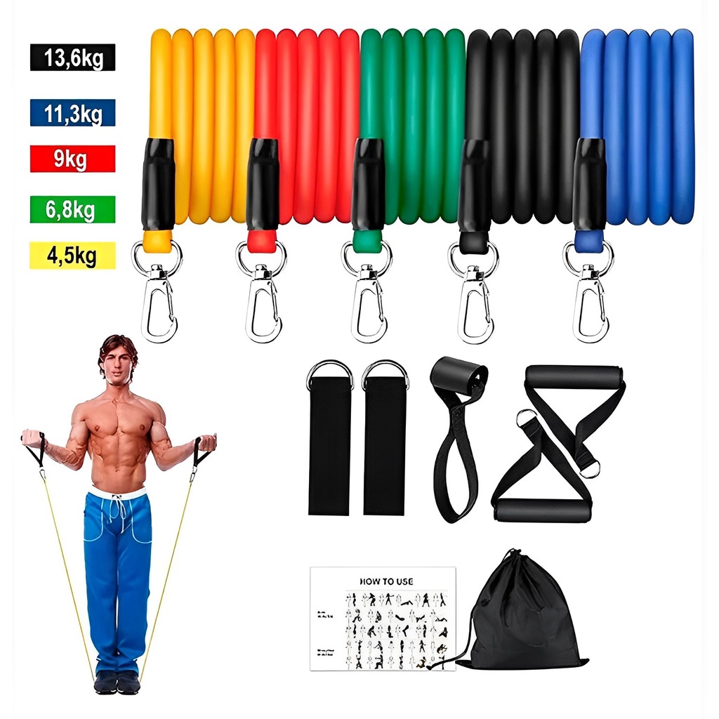 Kit Elástico Extensor 11 Itens Musculação Funcional Em Casa
