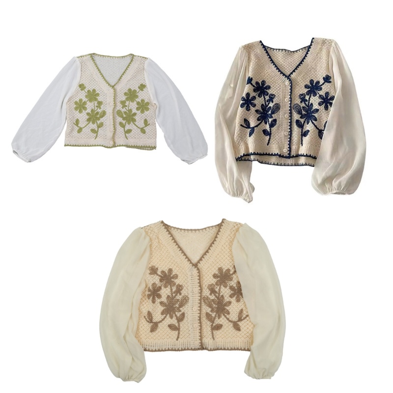 KIN Colorblock Trim Floral Crochê Cropped Para Jaqueta Feminina Malhas Blusa Cardigan