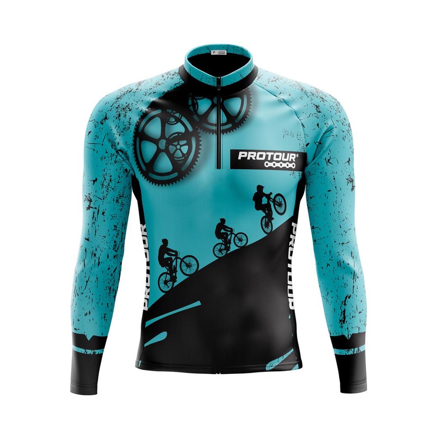 Camisa Ciclismo MTB Mountain Bike Masculina Manga Longa Azul com Bolso Protecao UV50+