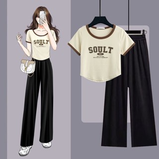 Conjunto Feminino Moda Coreana Camiseta Curta Top Feminina Calça De Perna Larga De Seda No Gelo
