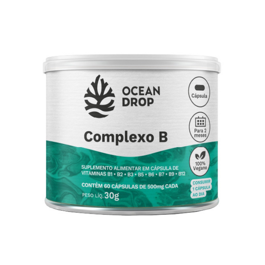 Complexo B Vitaminas B12 B9 B6 Biotina B6 B5 B3 OceanDrop hidrossolúveis fácil absorção Antioxidante  auxiliam metabolismo de energia ferro melhora da sua saúde manutenção do sistema imunológico beneficia saúde visual