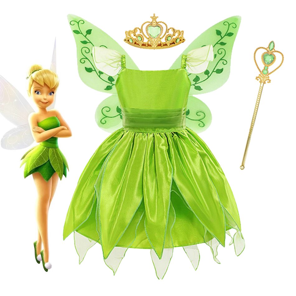 Fantasia Para Meninas Tinker Bell Princess Cosplay , TinkerBell Vestido , Elf , Glitter Borboleta Asa , Flor Verde , Fada , Festa De Halloween