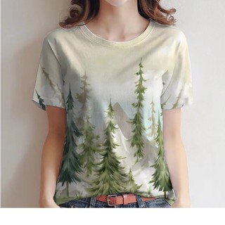 Plantas Tropicais E Folhas Verdes Senhoras Bonitas Impressão 3D Moda casual Camiseta De Manga Curta