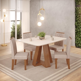 Conjunto Sala de Jantar 4 Cadeiras Tampo de Vidro DJ Moveis Kiara Freijó Ayla Creme em Oferta na Shopee