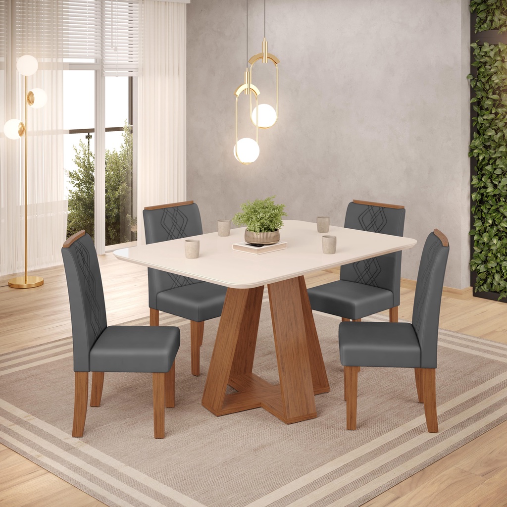 Conjunto Sala de Jantar 4 Cadeiras Tampo de Vidro DJ Moveis Kiara Freijó Ayla Lunar em Oferta na Shopee
