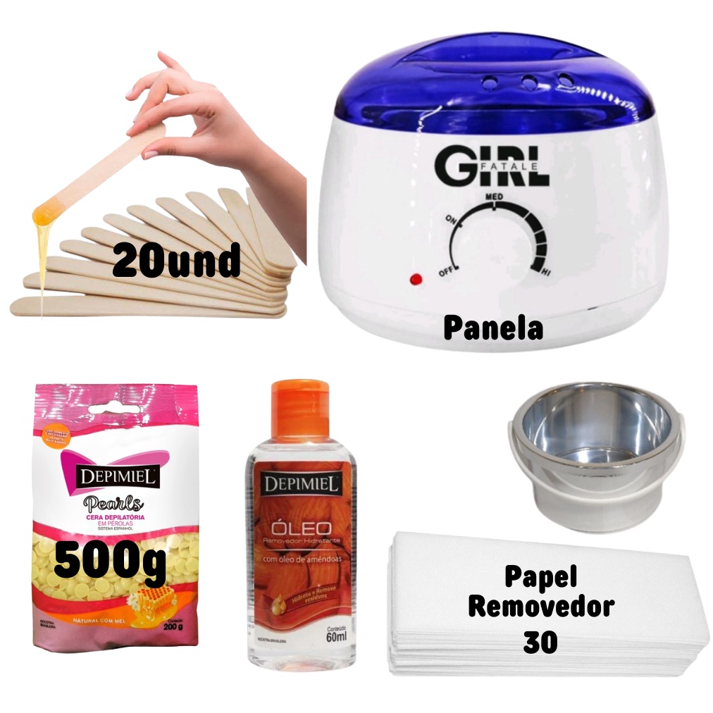 Kit Depilação Aquecedor Cera Quente Panela Elétrica + 1 Pct Cera Perolada 500g + Palios + Papel removedor