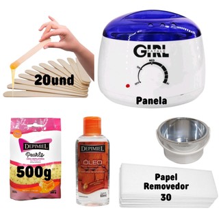 Kit Depilação Aquecedor Cera Quente Panela Elétrica + 1 Pct Cera Perolada 500g + Palios + Papel removedor