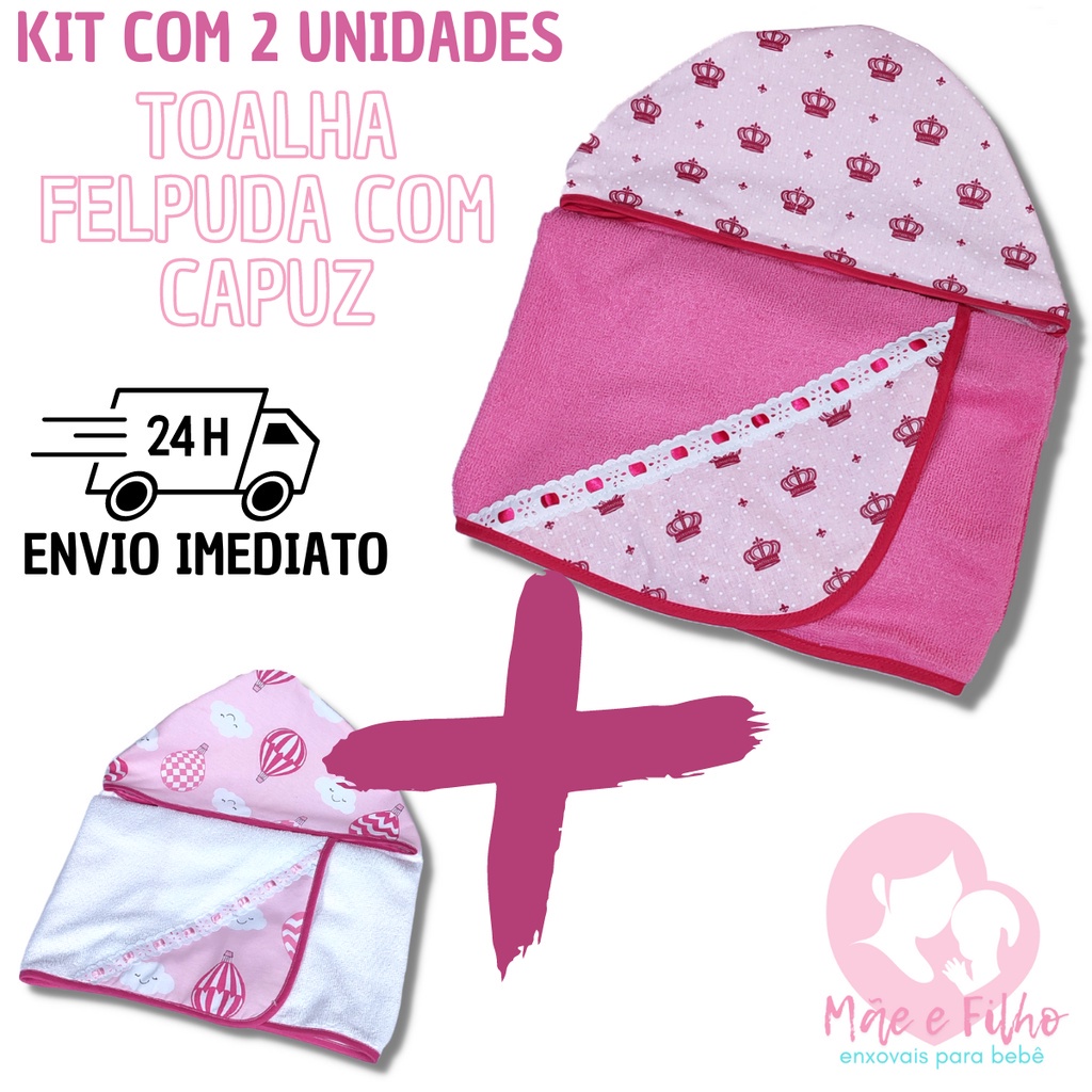 Kit com 2 Toalha De Banho Bebe Dupla Face Com Capuz Forrada com Fralda 100% Algodão