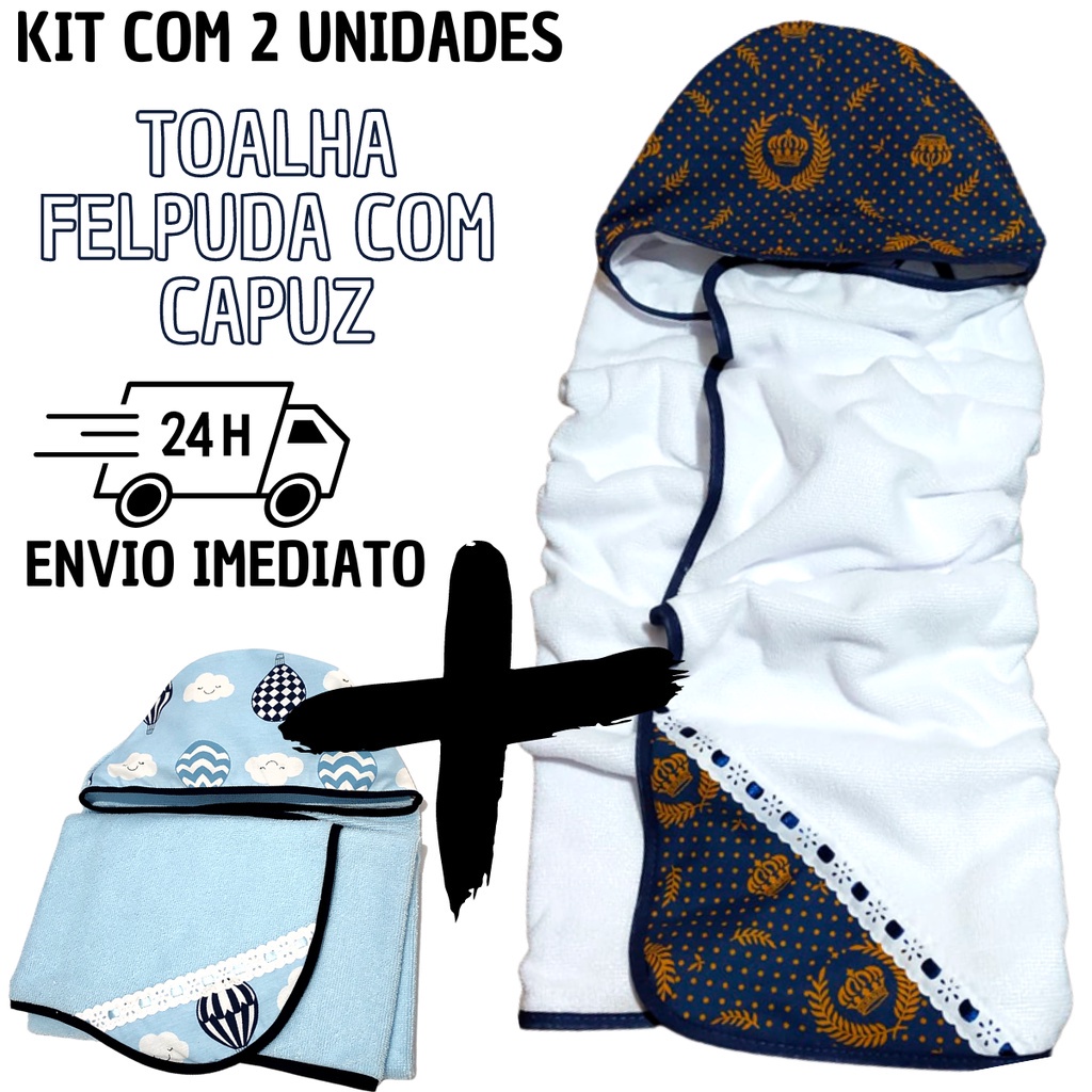 Kit com 2 Toalha De Banho Bebe Dupla Face Modelo Luxo Com Capuz Forrada com Fralda 100% Algodão