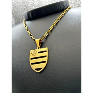 Corrente Masculina Banhada Em Aço Inoxidável Ouro 18K Xadrez Vazado 60cm Pingente Time Do Flamengo