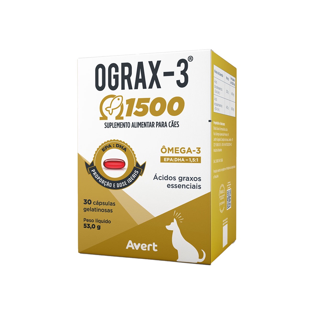Ograx-3 Suplemento Nutricional Para Cães 1500mg C/30 Cápsulas