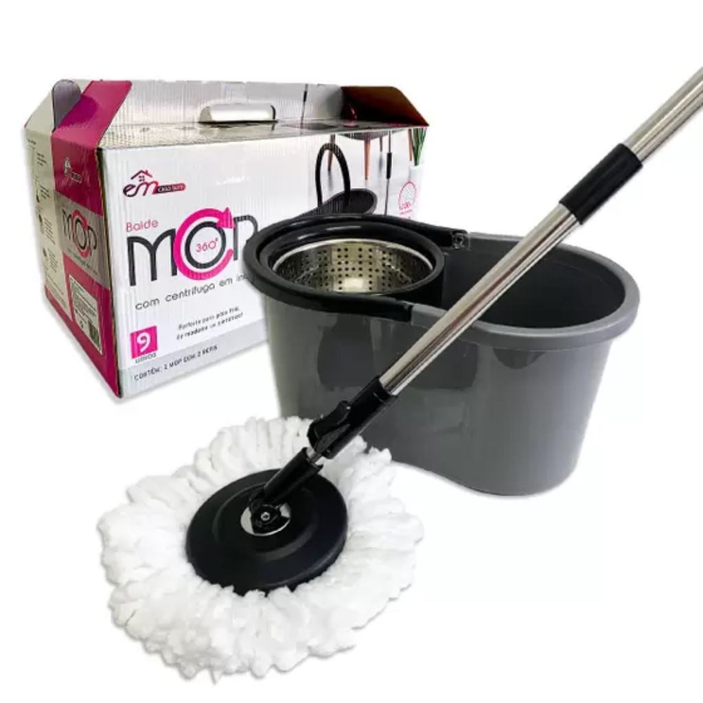 Mop Com Centrifuga Inox e Cabo em Inox Com 2 Refil de Microfibra