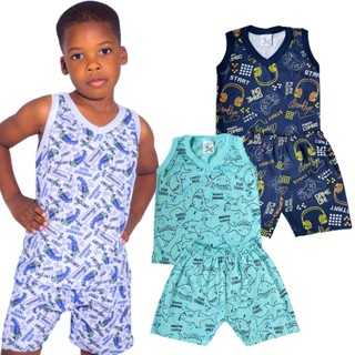 Kit com 2 Pijamas Infantil Verão Masculino calor conjunto regata gola v e bermuda Menino criança Malha Mafessoni Fechado algodão 1 a 14 anos 100% Algodão Estampado 201168-2