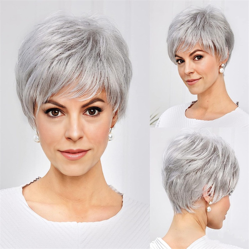 Nova Peruca De Venda A Quente Feminina Granny Grey Side Split Cabelo Curto Liso Médio E Idade Velha Respirável Cabeleira Completa Masculina