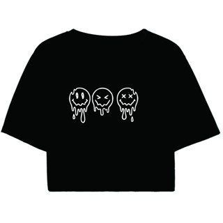 Cropped Feminino Preto Tumblr blogueira emoji derretendo cool feminina manga curta