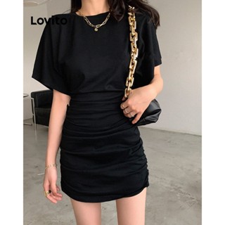 Lovito Casual Vestido Feminino Liso Plissado Mini de Manga Curta com Decote Redondo LNE15142 (Preto)