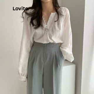Lovito Blusa com Botões Frontais e Decote em V para Mulheres LNE09236 (Branco)