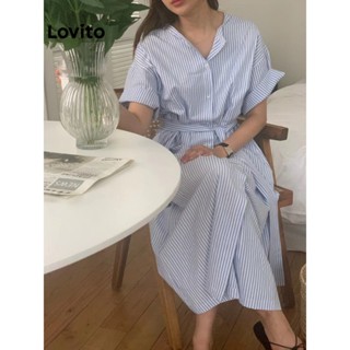 Lovito Vestido Midi A-Line de Manga Curta com Listras e Cinto para Mulheres LNE09194 (Azul)