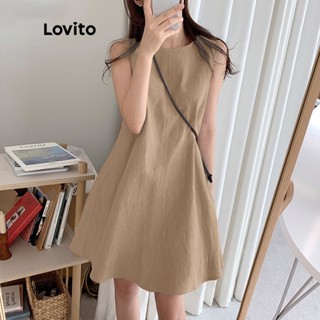 Lovito Vestido Midi A-Line de Manga Curta com Decote Redondo e sem Mangas para Mulheres LNE09199 (Caqui)