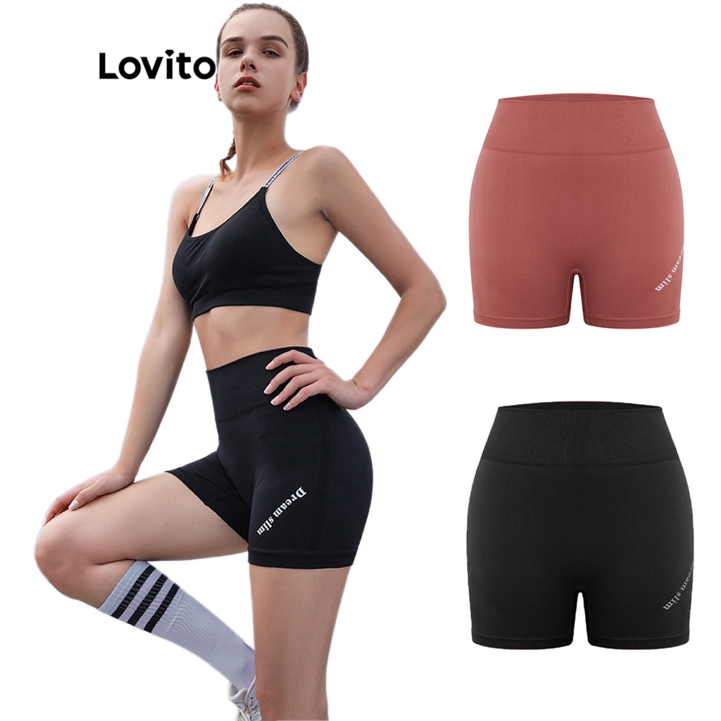 Lovito Short Esportivo Ajuste Ajustável e Cintura Alta Desatado L03067 (Preto/Rosa)