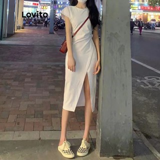 Lovito Vestido Midi Lápis de Manga Curta com Decote Assimétrico e Fenda para Mulheres LNE09173 (Branco)