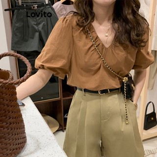 Lovito Blusa Simples com Babados Plissados para Mulheres LNE16228 (Café)