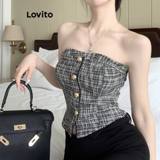 Lovito Casual Blusa Feminina Lisa de Tweed com Botão LNE16058 (Preto e Branco)