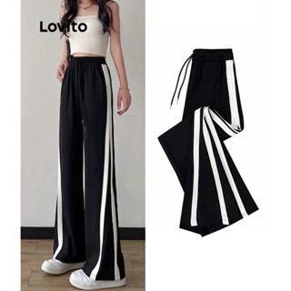 Lovito Calças de Cintura Alta com Amarração e Pernas Reta para Mulheres LNE09161 (Preto)