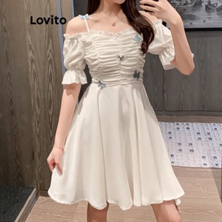 Lovito Casual Vestido Feminino Liso Mini Skatista de Manga Curta com Ombro de Fora e Laço LNA14061 (Branco)