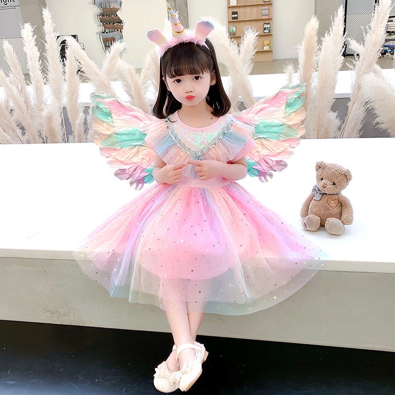 Meninas outono Elsa vestido de princesa estilo ocidental arco-íris crianças vestido unicórnio vestido de princesa primav