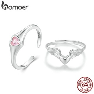 Bamoer 925 Sterling Sliver Ring Anel De Fita Coração Rosa Asa De Anjo Aberto Jóias Presentes Para Mulheres