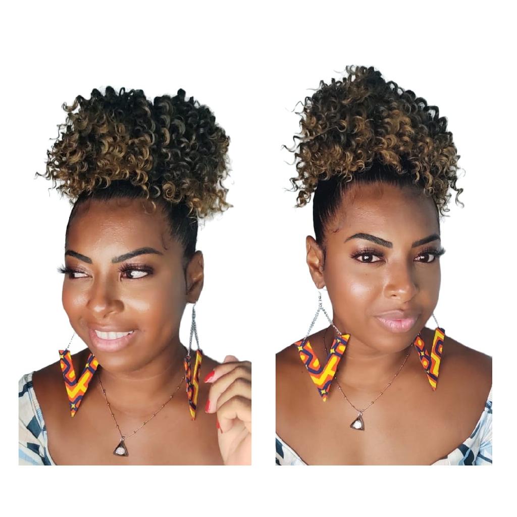 Afropuff Cacheado Rabo de cavalo Curto com franja orgânico Vermelho