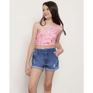 Blusa Cropped Juvenil Um Ombro Só Estampa Psicodélica Rosa