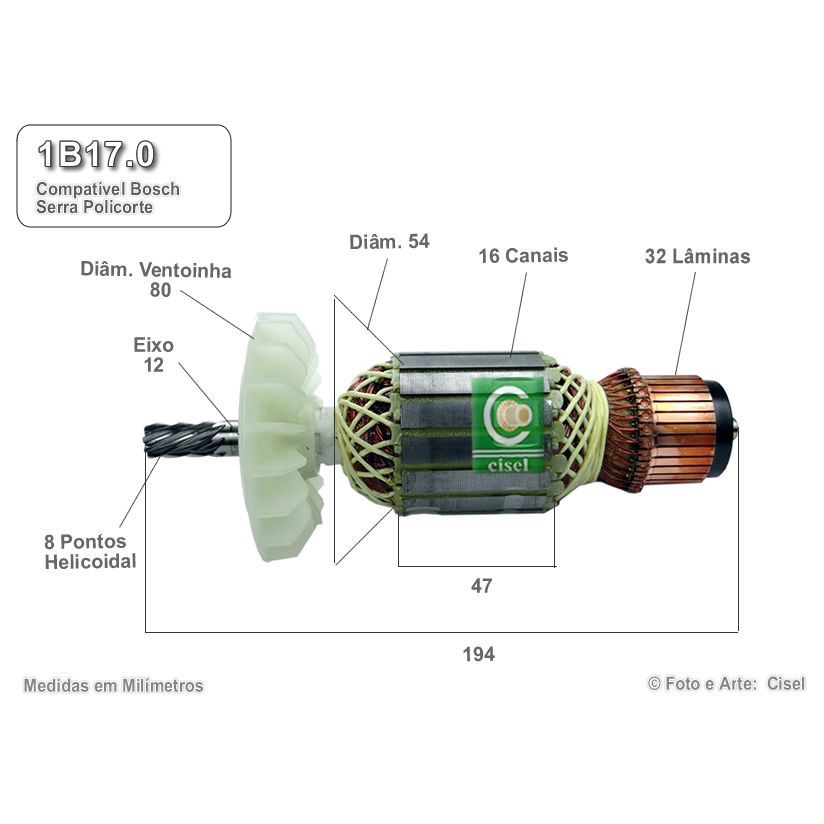 Induzido compatível Policorte GCO 2000 Bosch 1B17.0- Eixo: 194 mm