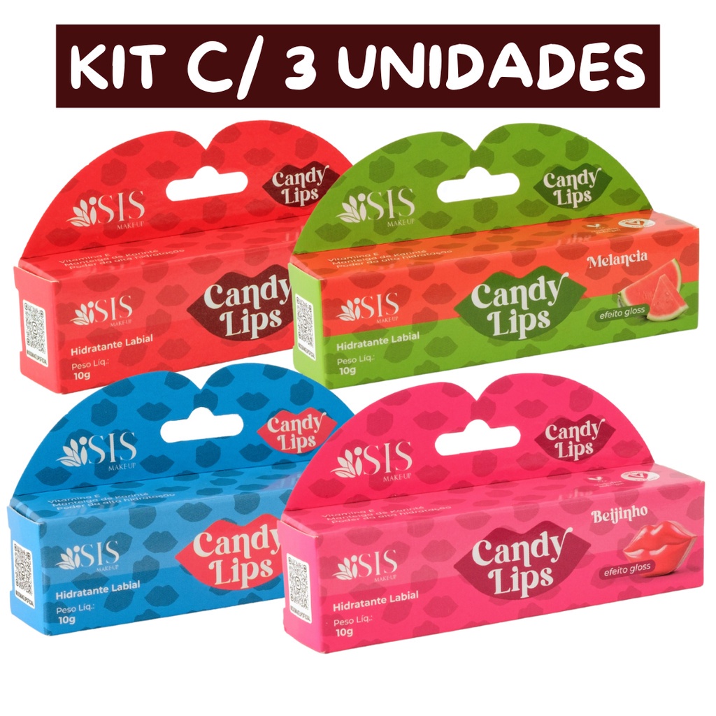 KIT 3 Hidratante Labial Carmed Candy Lips ISIS Makeup