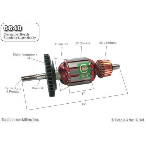 Induzido compatível Furadeira Super Hobby Bosch Skil 6640- Eixo: 131mm