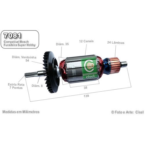 Induzido compatível Bosch Furadeira Super Hobby 7081- Eixo: 139mm