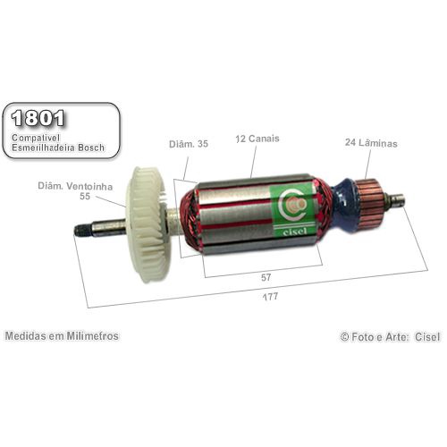 Induzido compatível Esmerilhadeira Bosch 1801 GWS 9-125- Eixo 177mm