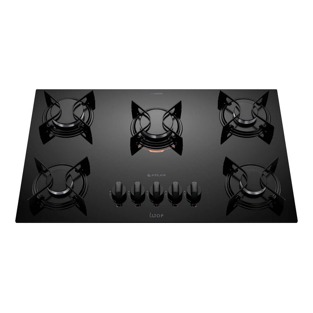 Cooktop 5 Bocas Atlas Preto com Mesa de Vidro U Top Bivolt