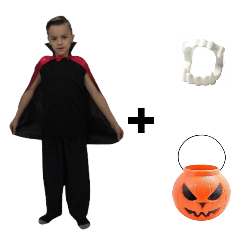 Fantasia Vampiro Infantil Conde Drácula com Capa e Dentadura e Balde Abobora para Doces Halloween