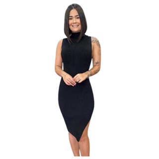 Vestido Feminino Midi Tricot Modal Regata Gola Golinha Social Justo Fenda