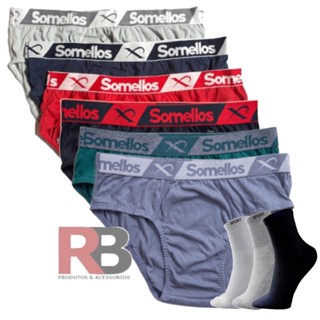Kit Cueca Algodao Masculino 6 Cuecas Masculina Slip Mais 1 Par Meia Cano Alto Meias Longas