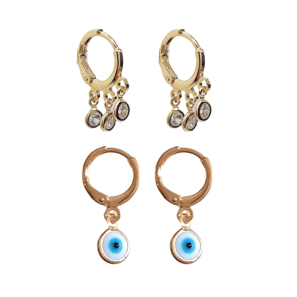 Kit 2 Pares de Brincos Argola 3 Pontos de Luz de Zircônia e Argola Olho Grego Banhados a Ouro Semijoia