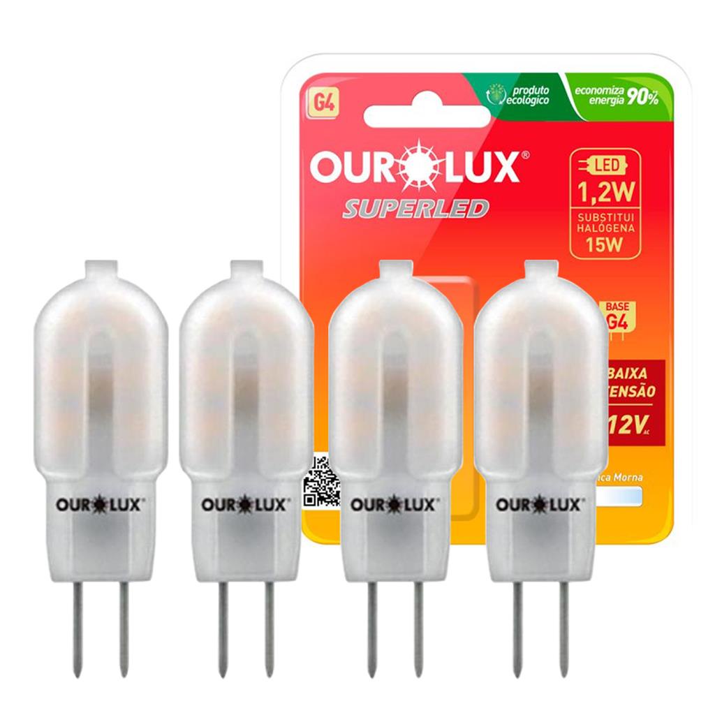 Kit 4 Lampadas Led Bipino G4 1,2W 12V 2700K Luz Amarela