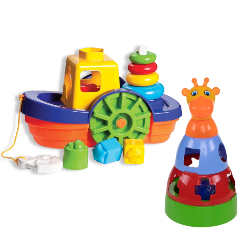 Kit Brinquedos Barco Encaixar + Girafa Empilhar Didático Bebê Criança