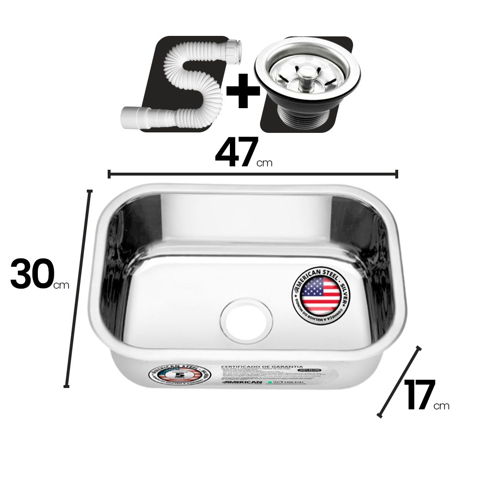 Cuba Aço Inox American Steel N°1 47x30x17 + Sifão + Válvula em Oferta na Shopee